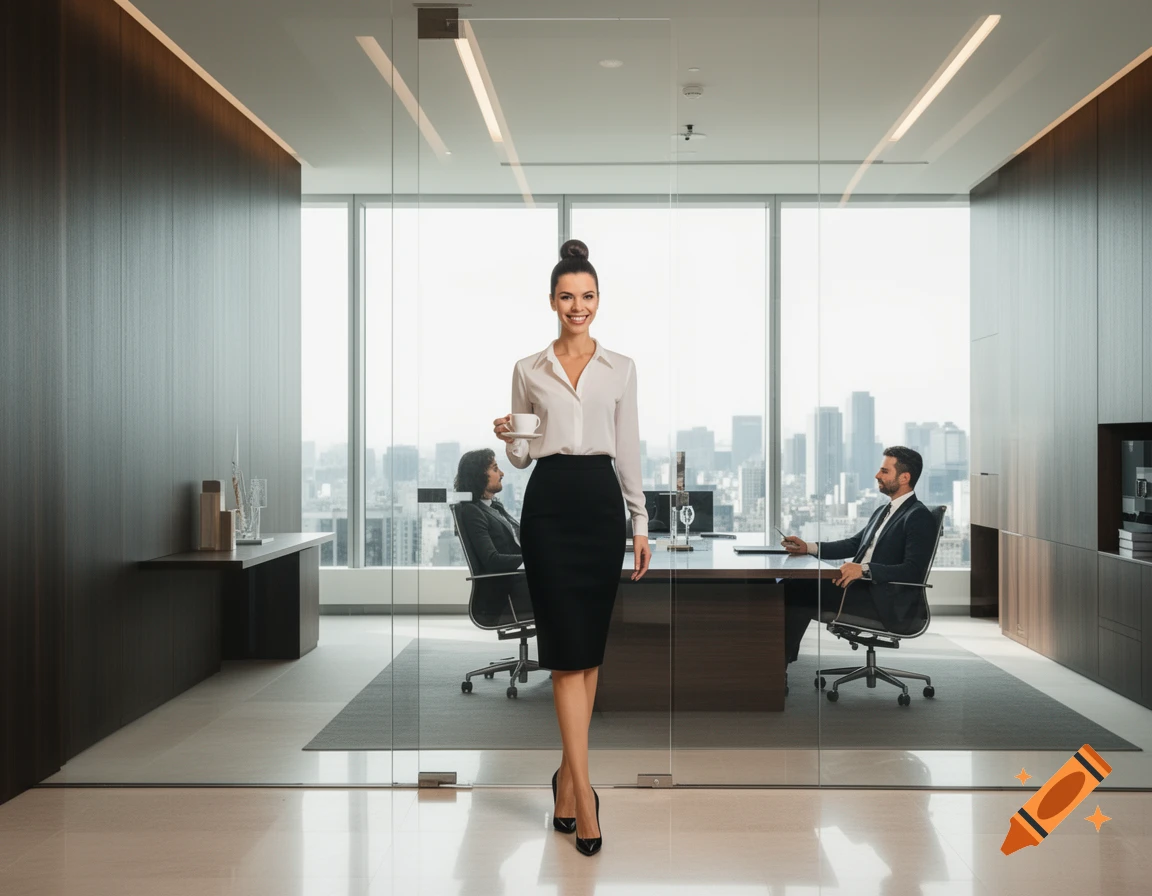 Smiling businesswoman holds coffee in a modern glass office overlooking a city skyline, with colleagues in the background.