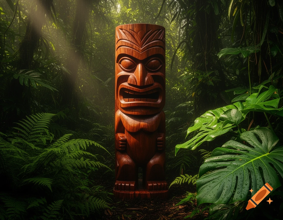 A tall, intricately carved wooden tiki statue stands centered in a lush, sun-dappled tropical jungle with large green leaves.