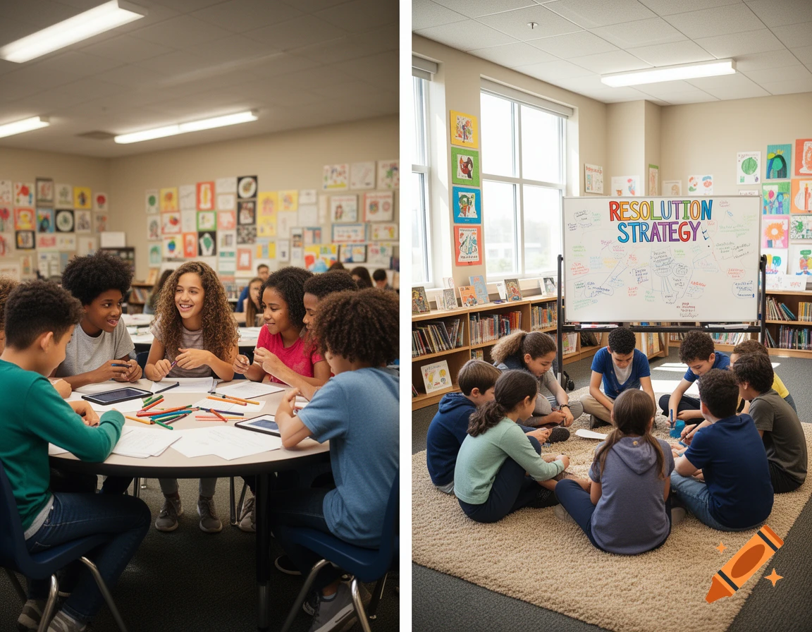 Preteen students in a classroom; left side shows a collaborative discussion around a table, right side shows students working on a whiteboard labeled 'RESOLUTION STRATEGY'.