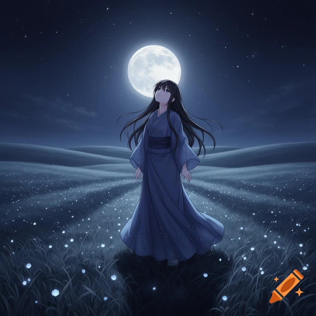 An anime girl in a long dress stands in a glowing grassy field at night, looking up at the full moon.
