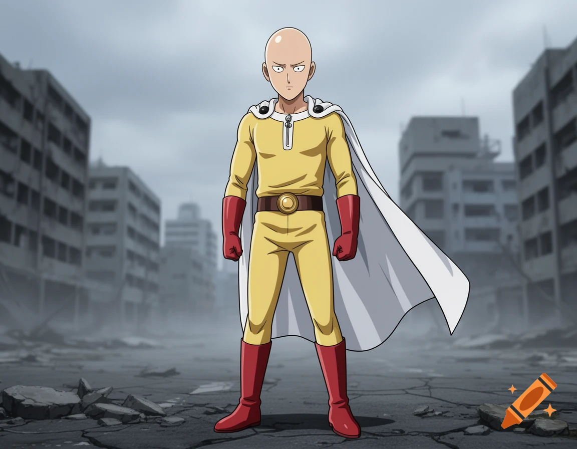 Saitama, a bald superhero in a yellow suit and white cape, stands in a destroyed cityscape.