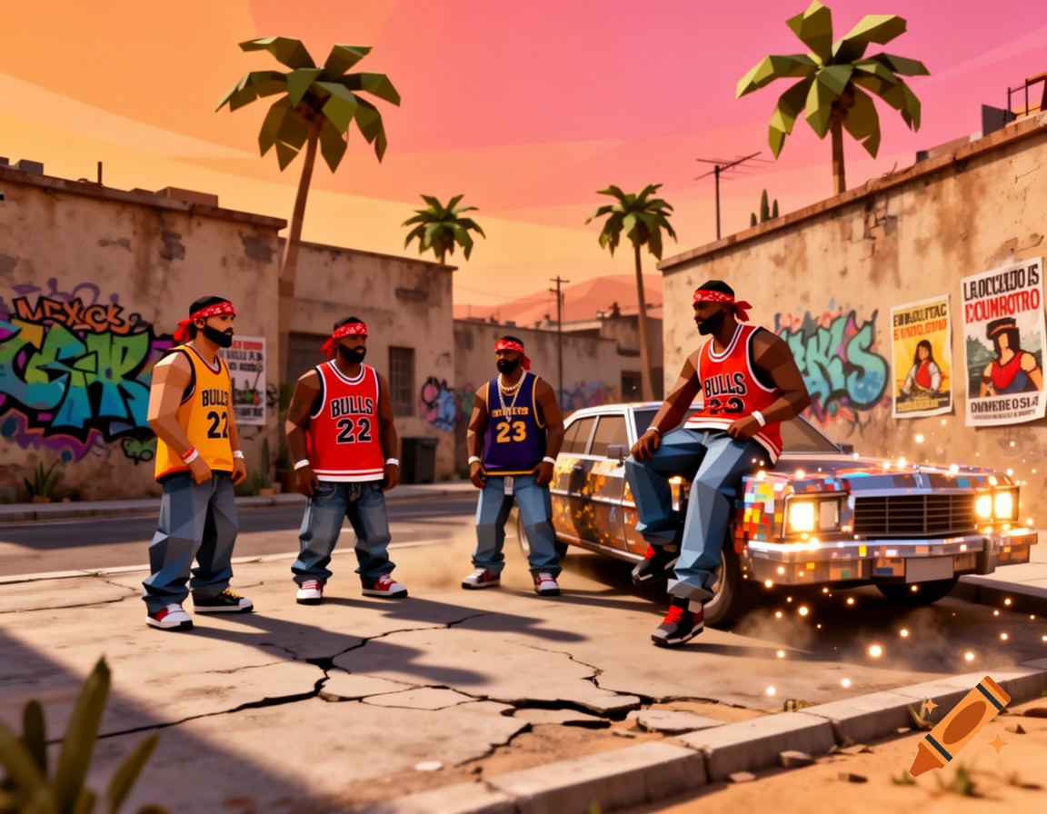 Four low-poly men in basketball jerseys and bandanas stand and sit around a car in an urban street scene with graffiti and palm trees under a sunset sky.