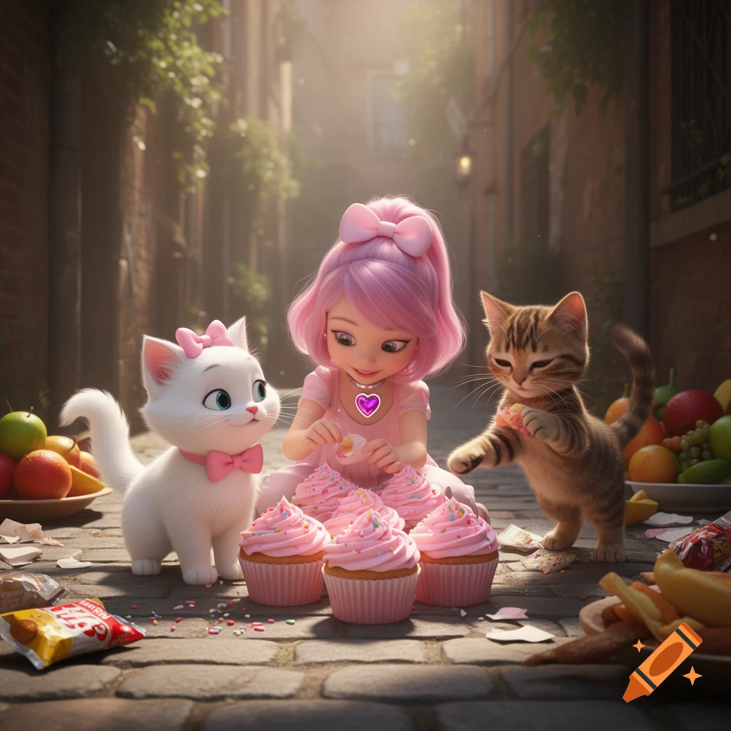 A 3D animated girl with pink hair and two cats enjoy pink cupcakes and snacks in a sunny alley.