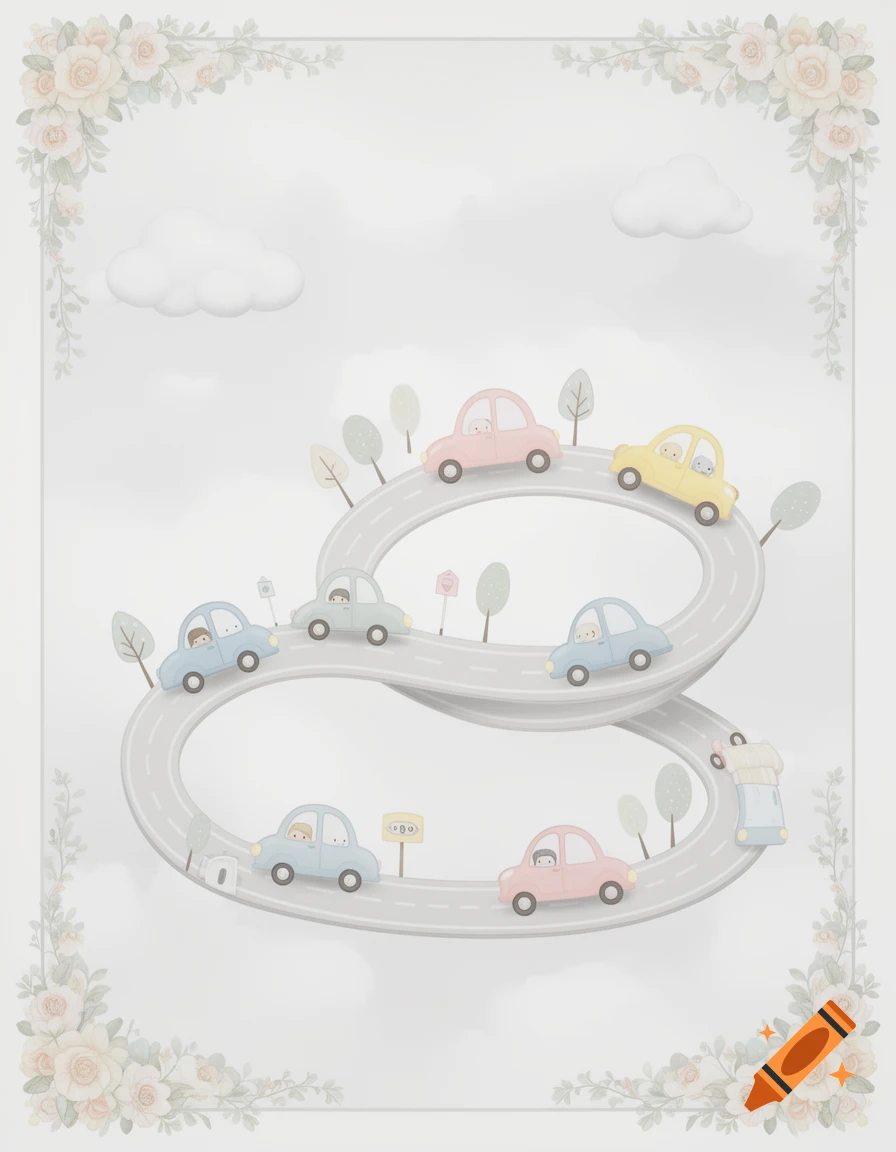 Cute pastel illustration of cartoon cars driving on a figure-eight road, framed by delicate floral borders.