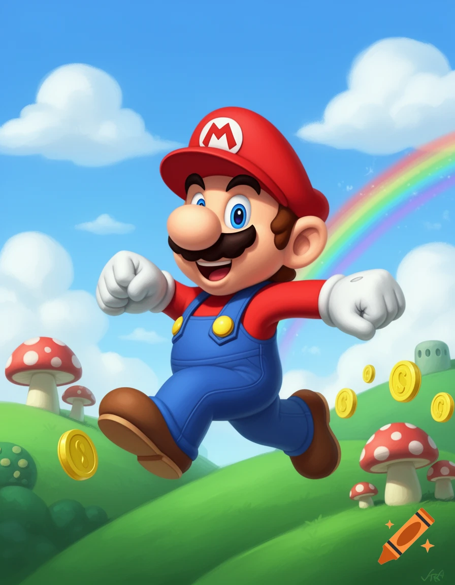 Colorful illustration of Mario running on a green hill with red mushrooms, floating gold coins, and a rainbow under a blue sky.