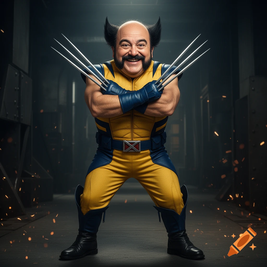 Danny DeVito as Wolverine in a yellow and blue suit, with claws and a mustache, standing in a dark, industrial setting.