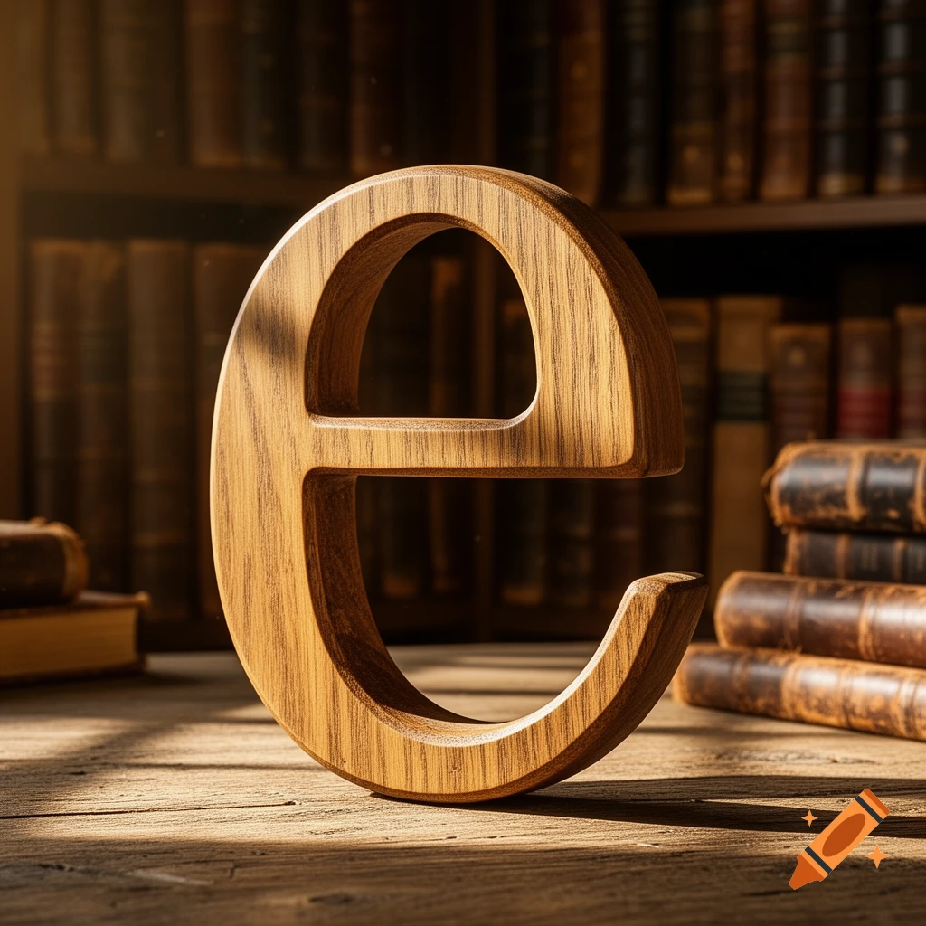 A wooden letter 'e' stands on a textured wooden table, surrounded by old books on shelves in a dimly lit library.