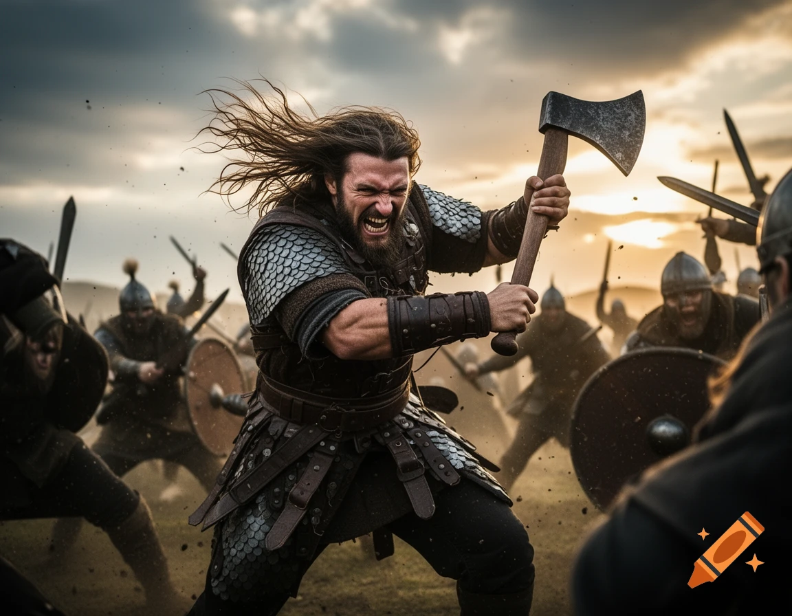 A rage-filled Viking warrior with long hair and beard swings an axe in a chaotic battle, with blurred fighters and a dramatic sky in the background.
