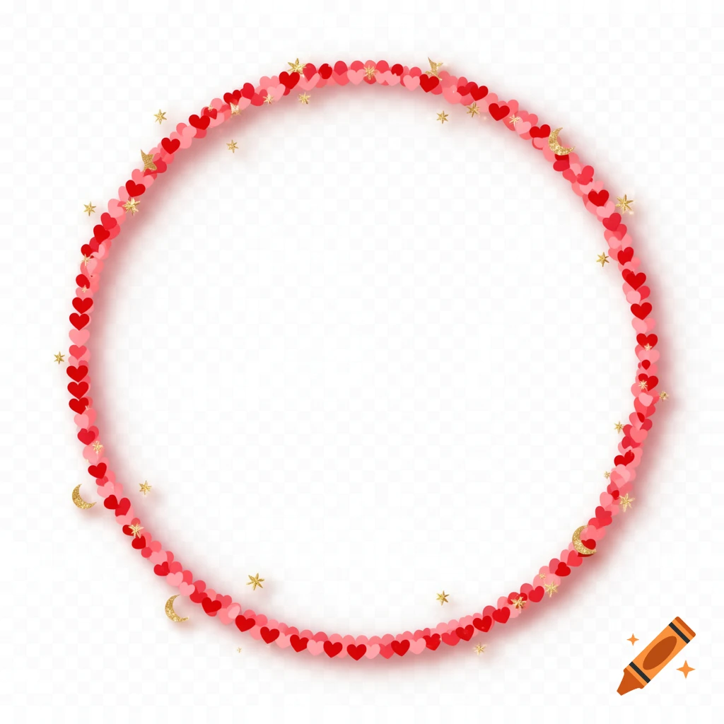 A perfectly circular frame border of interlocking red and pink hearts with scattered tiny gold stars and crescent moons on a transparent background.