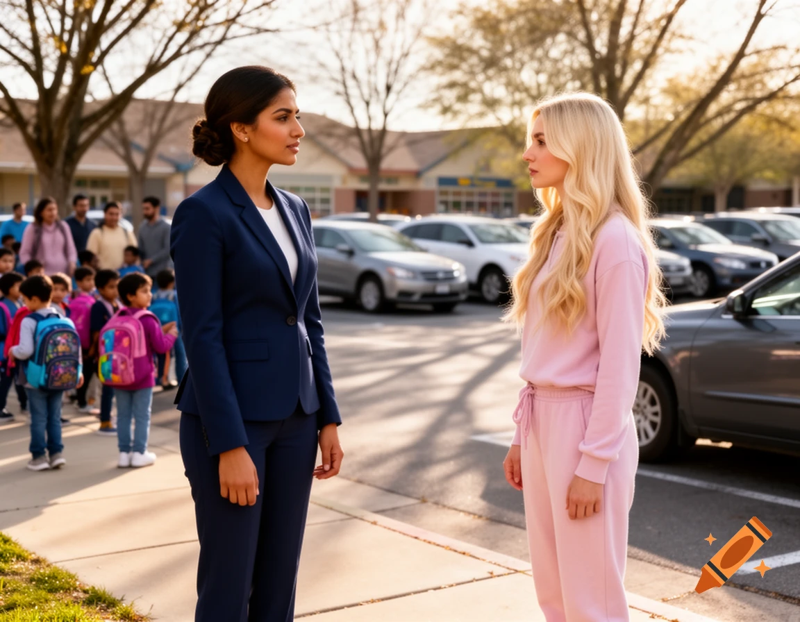 Two women face each other outdoors, one in a dark business suit, the other in pink loungewear, with children and cars in the background, photorealistic.