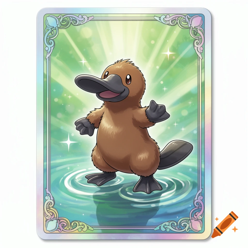 A cute cartoon platypus, brown with a black bill and webbed feet, stands on water ripples with a green radiant background, framed by an ornate trading card border.