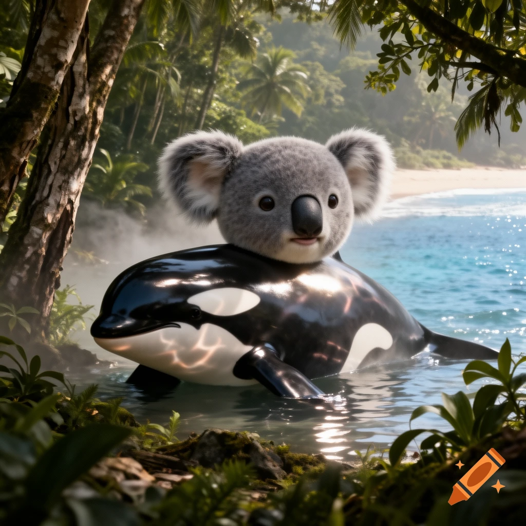A photorealistic hybrid creature with a koala head and an orca body swims in tropical waters by a beach and jungle.