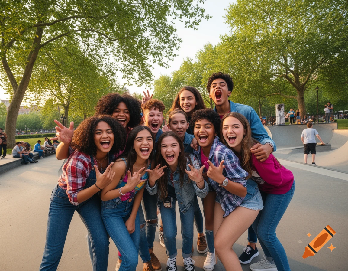 A diverse group of smiling teenagers making funny faces and hand gestures at a skatepark or park. They are dressed in casual clothes.