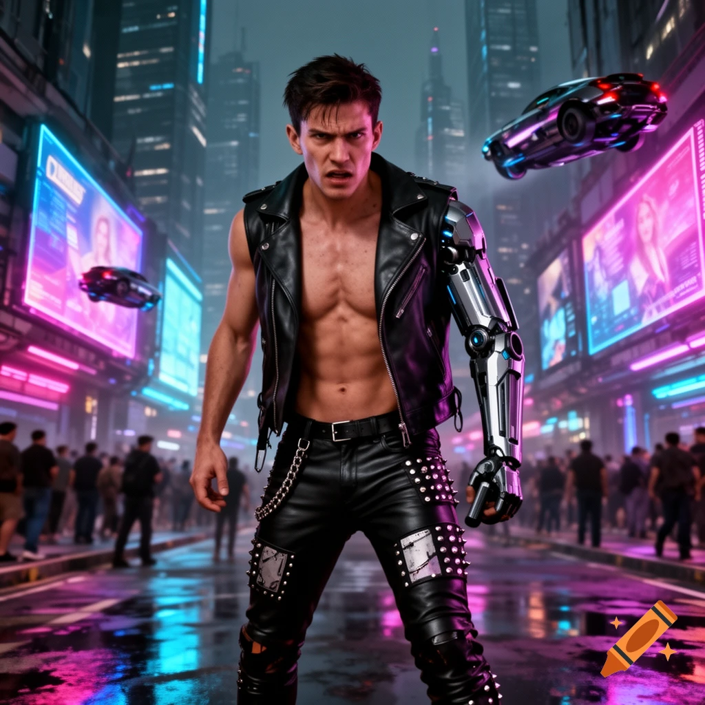 A muscular man with a cybernetic arm, leather vest, and spiked pants looks agitated in a neon-lit cyberpunk city street with flying cars.