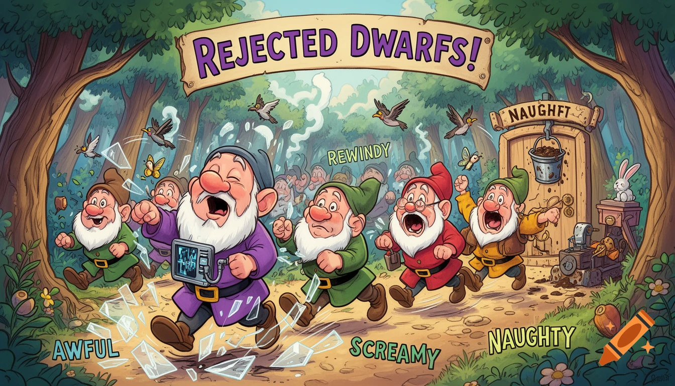 Cartoon image of six excited dwarfs with different names like 'Awful' and 'Screamy' running through a vibrant green forest, with a banner above them reading 'Rejected Dwarfs!'.