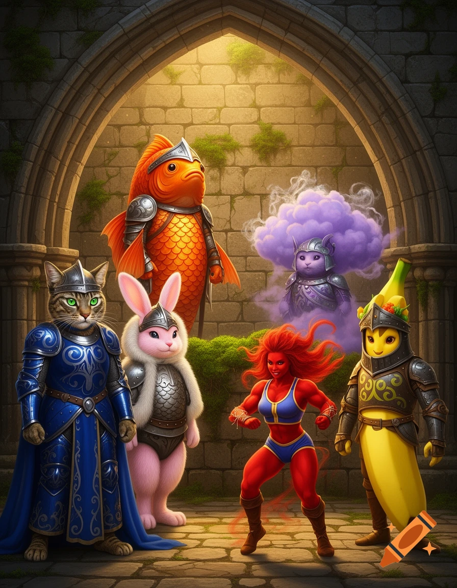 Six unique fantasy warriors, including a cat, fish, bunny, cloud, red woman, and banana, stand in medieval armor under an archway.
