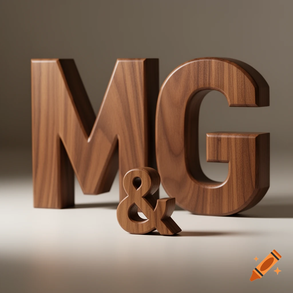 Large wooden letters 'M' and 'G' with a smaller wooden ampersand '&' in front, casting shadows on a light surface.
