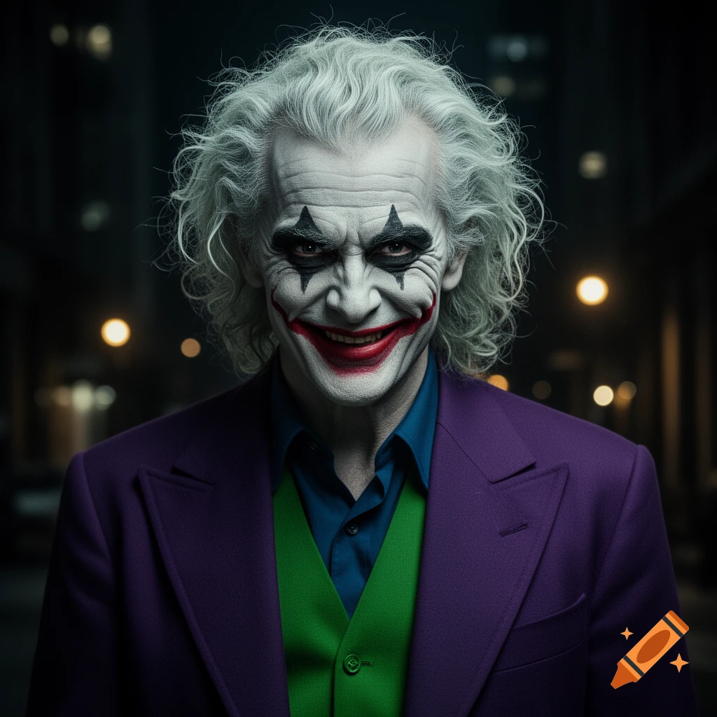 Photorealistic portrait of a man with white hair and Joker makeup, wearing a purple suit and green vest, standing in a dark city street.
