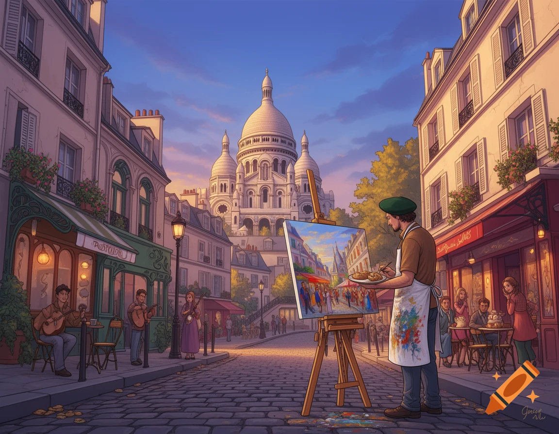 An artist paints a bustling street scene in Montmartre, Paris, with the Sacr l-C ur Basilica in the background, in a colorful cartoon style.
