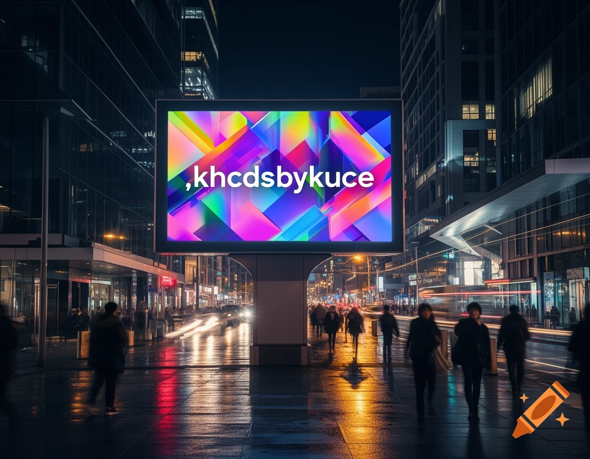 Illuminated billboard with abstract art and text on a photorealistic wet city street at night, reflecting lights and showing blurred pedestrians.