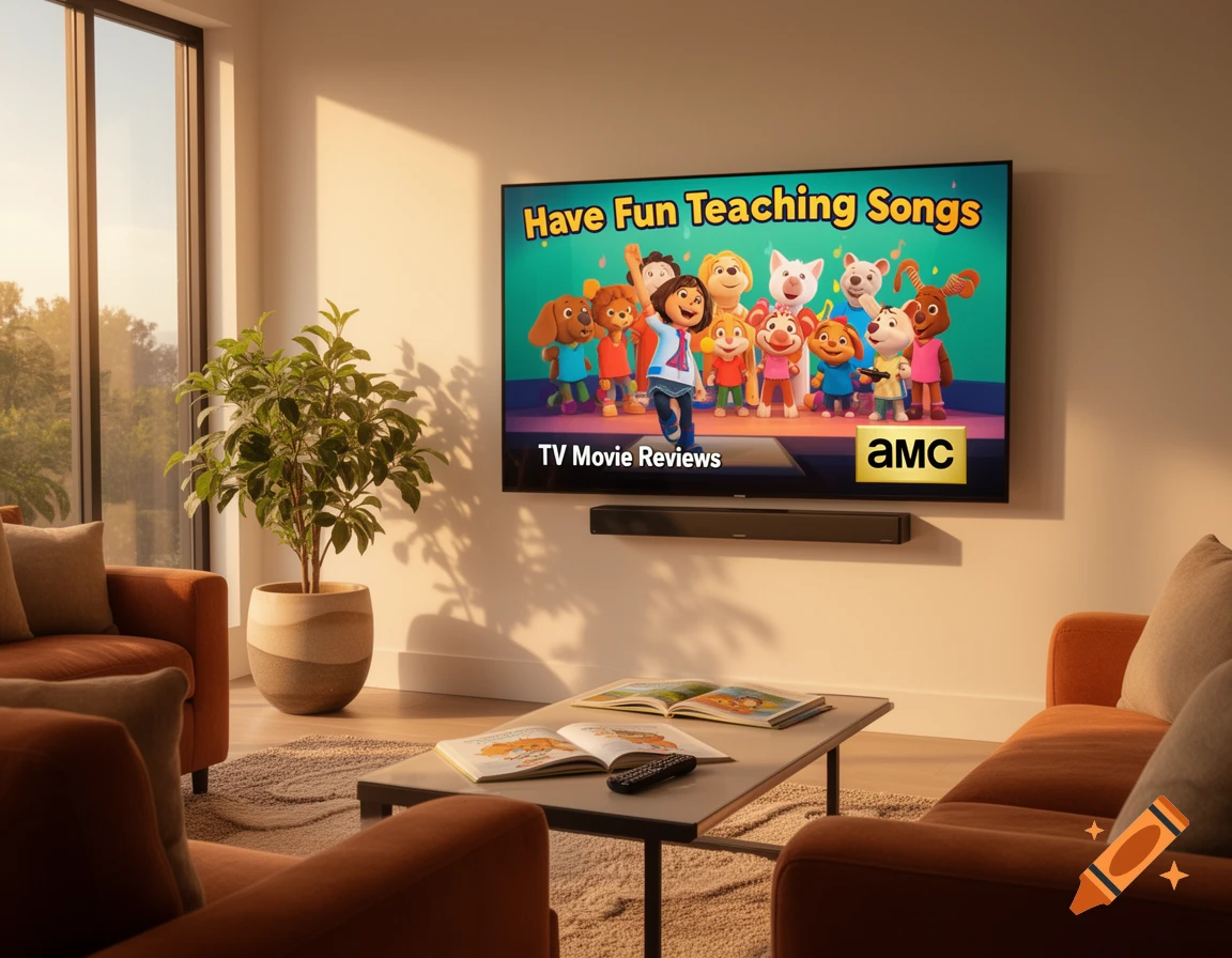 Photorealistic view of a modern living room with orange couches, a coffee table, and a large TV displaying a cartoon with text.