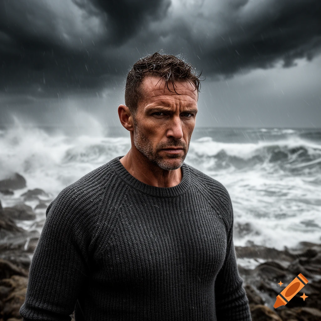 A serious man in a dark knit sweater stands on a rocky coast in the rain, with a stormy ocean and dark clouds behind him.