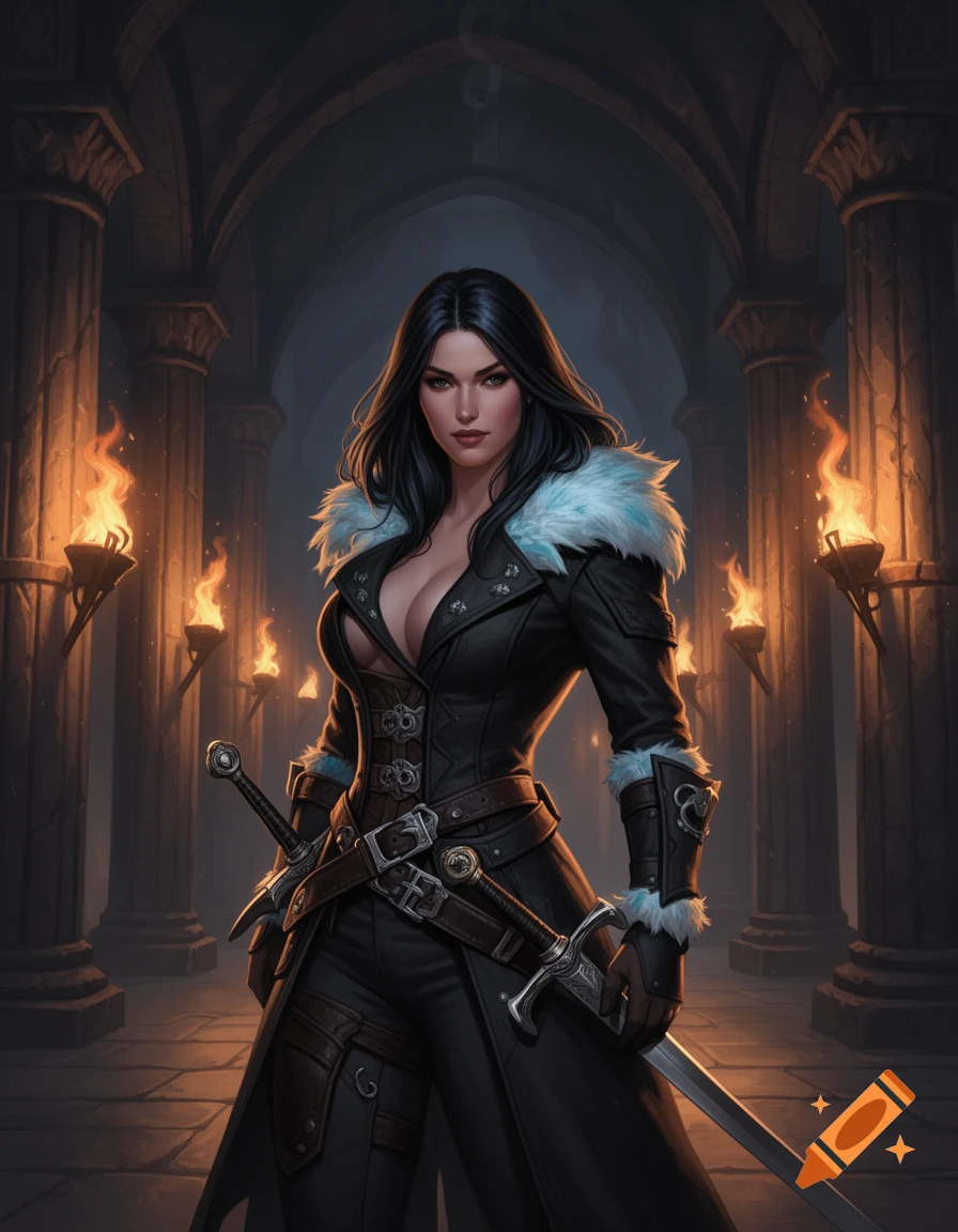 A dark-haired female fantasy warrior in a black coat with blue fur accents and leather gear, wielding two swords, stands in a torchlit stone hall.
