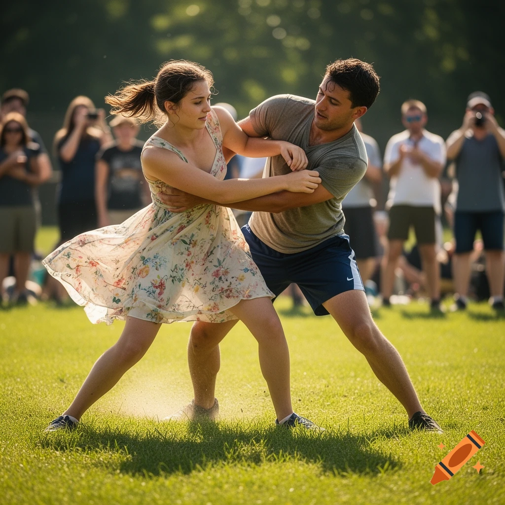 A man and woman grapple in a playful wrestling stance on a sunny green field, surrounded by blurred spectators.