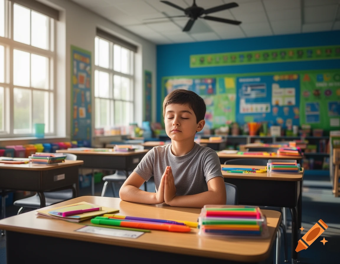 A young boy meditates with closed eyes and hands pressed together on a wooden desk in a brightly lit, colorful classroom.