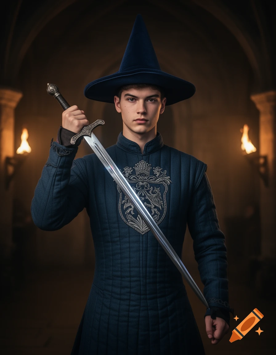 A young male mage in a dark blue gambeson and pointed hat holds a longsword in a torch-lit, vaulted chamber.