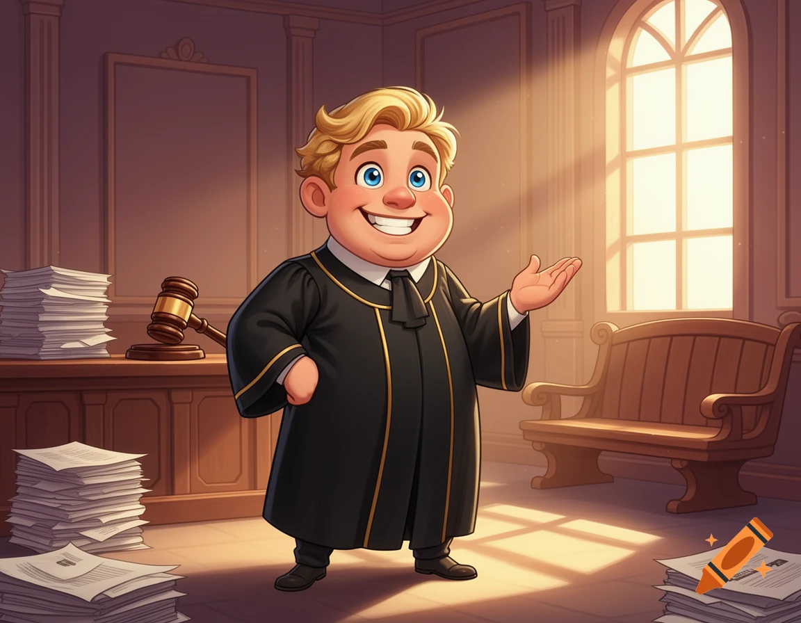 A cheerful, stout, blond cartoon judge in a black robe smiles and gestures in a sunny courtroom with a gavel and stacks of papers.