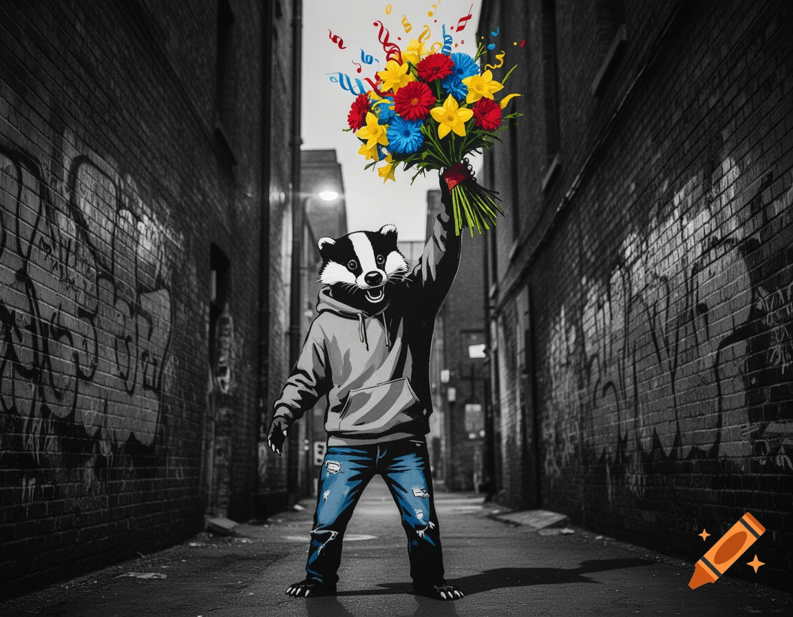 A stylized badger in a hoodie and jeans holds a vibrant flower bouquet in a dark, graffiti-covered alley, Banksy style.