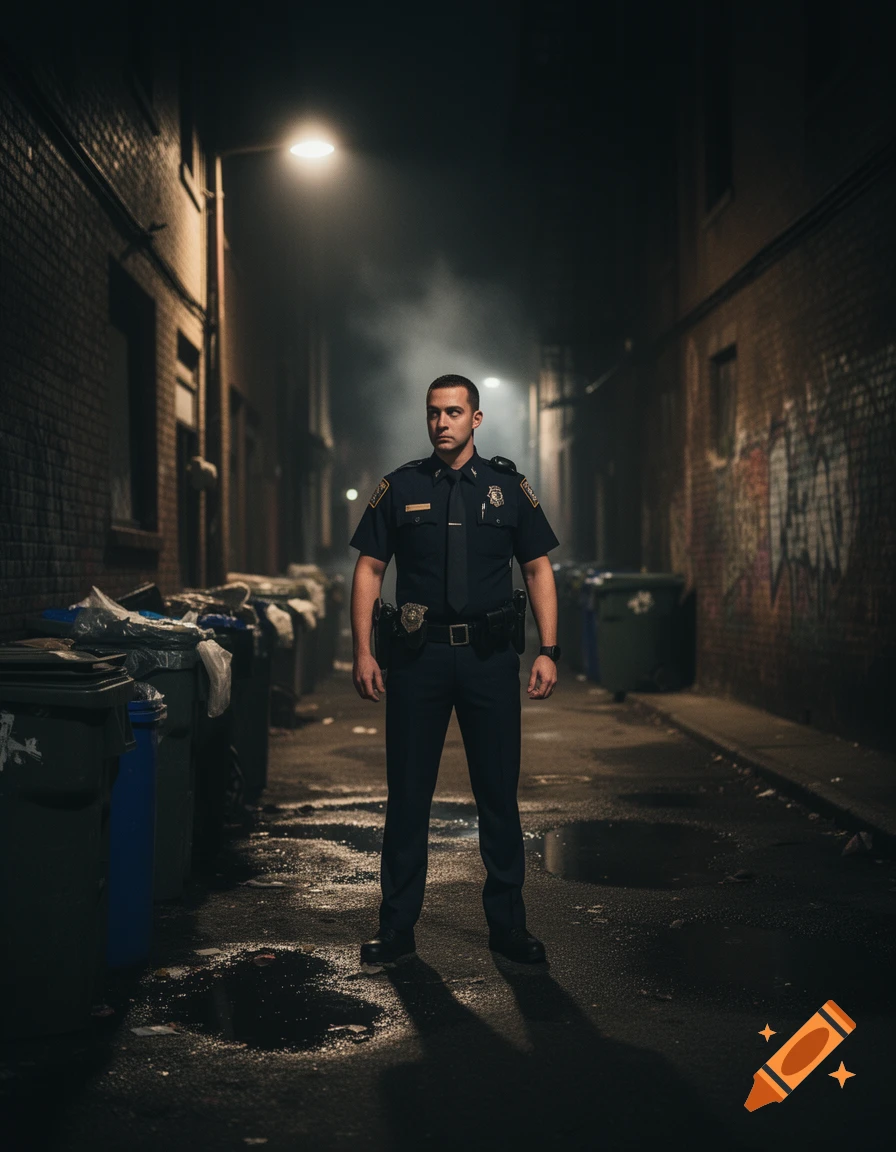 A photorealistic image of a police officer standing in a dark, wet alley at night, under a streetlamp.