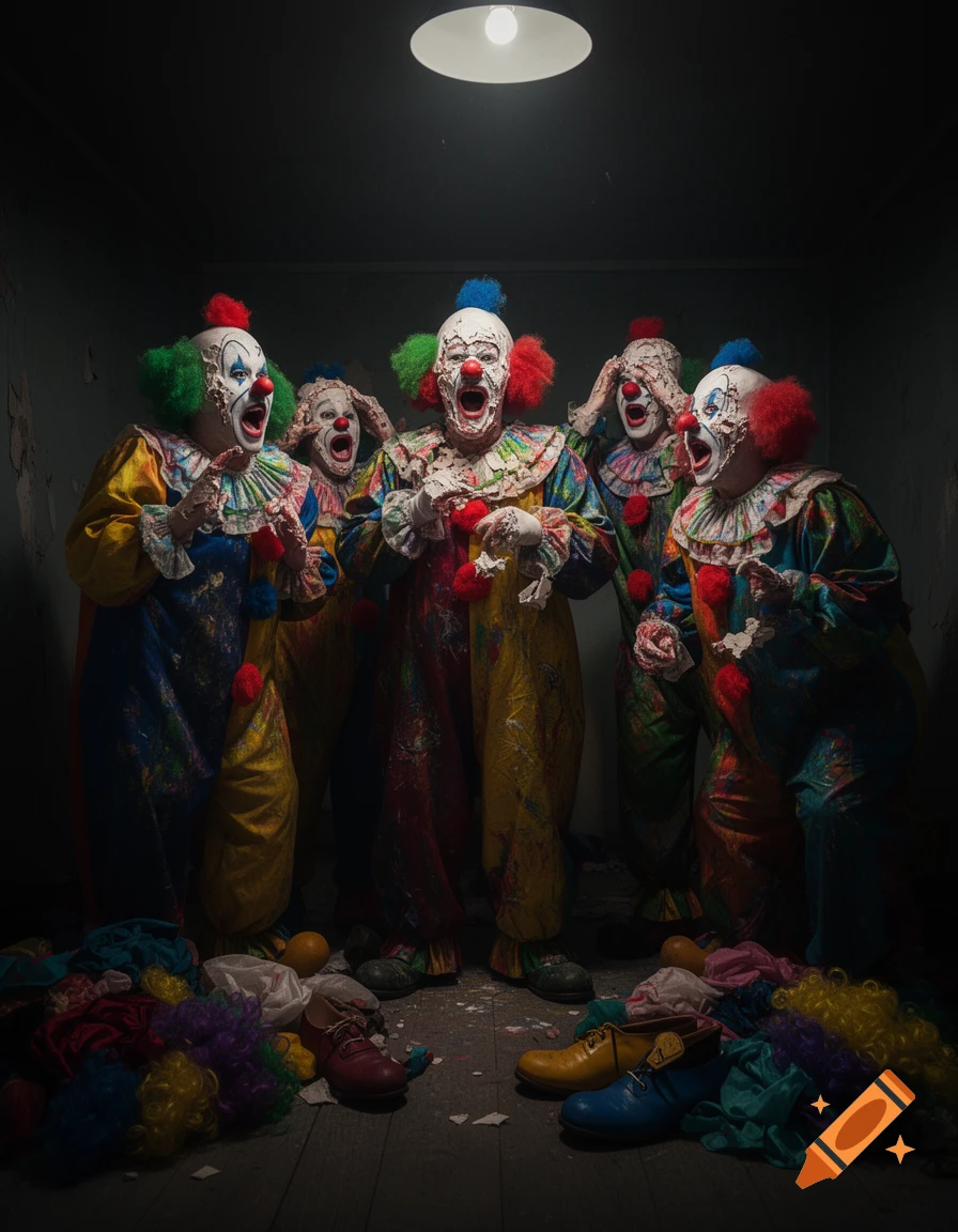 Five horror clowns with ripped-off makeup and unsettling expressions in a dark room with discarded items on the floor, photorealistic style.