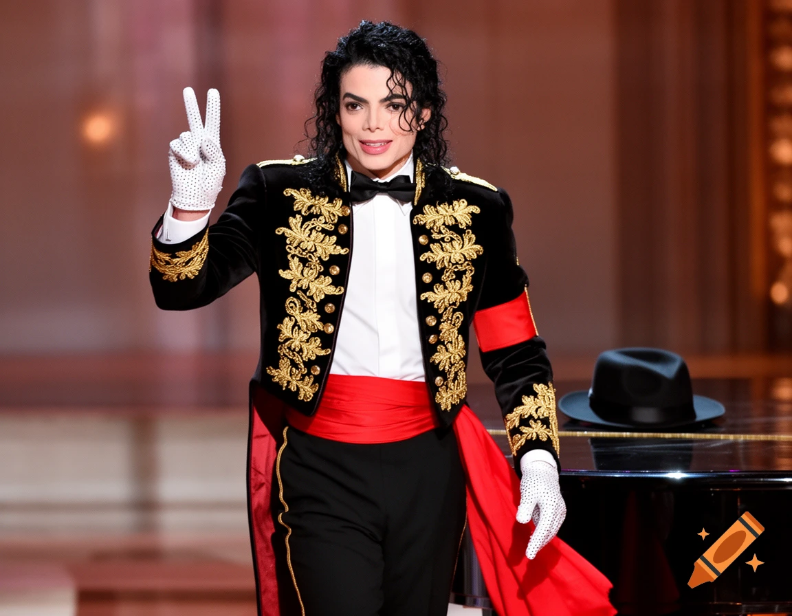 Photorealistic image of Michael Jackson in a military-style jacket, red sash, and white gloves, holding up a peace sign.