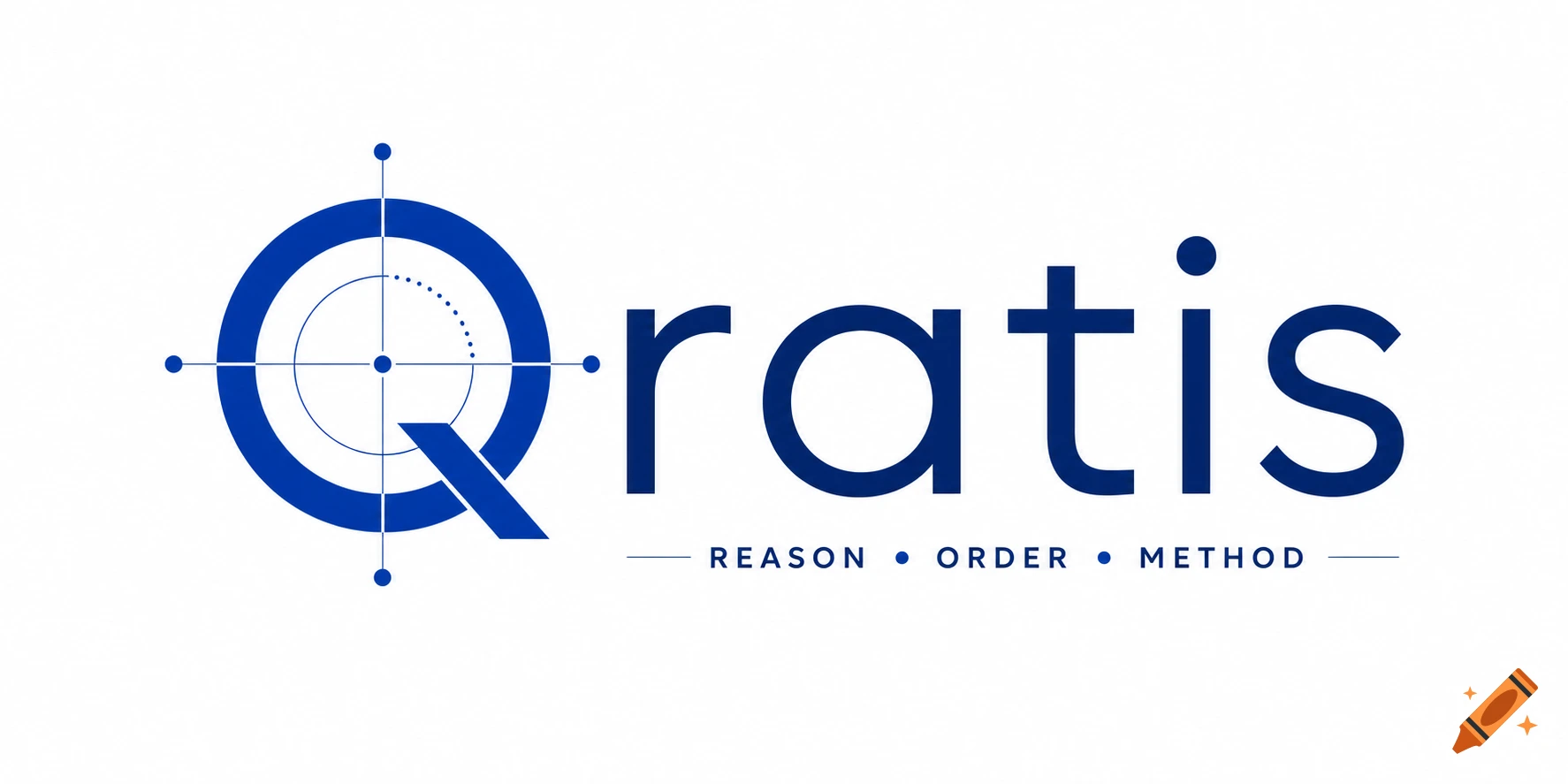 A minimalist blue and white logo for Qratis featuring a stylized 'Q' with a target design, and the words 'REASON • ORDER • METHOD'.