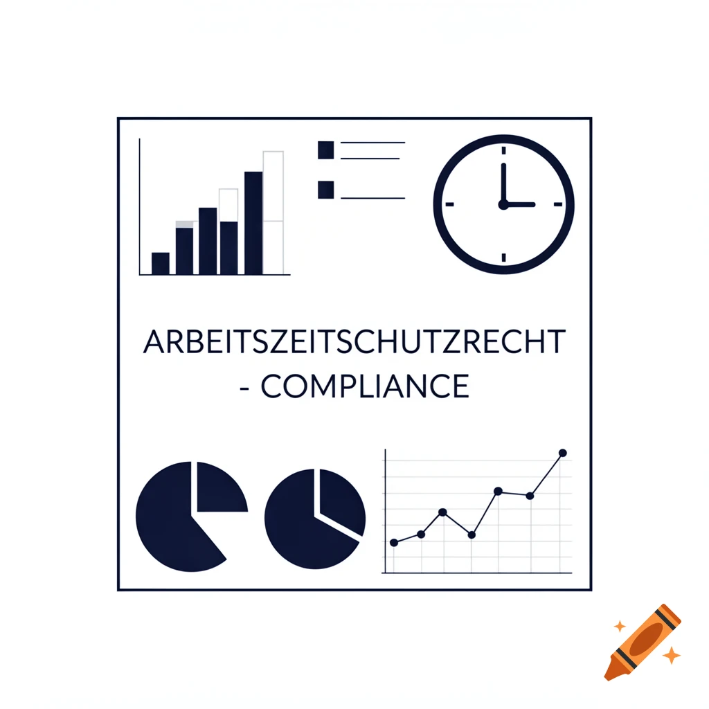 A minimalist graphic with a bar chart, two pie charts, a line graph, a clock icon, and the text 'ARBEITSZEITSCHUTZRECHT - COMPLIANCE'.