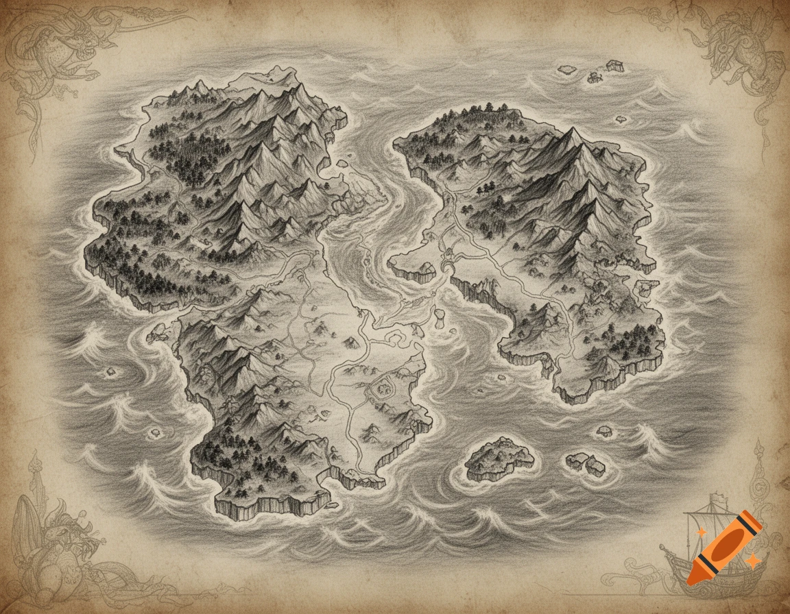 A charcoal drawing of a fictitious ancient world map, featuring two main landmasses, smaller islands, and decorative flourishes.