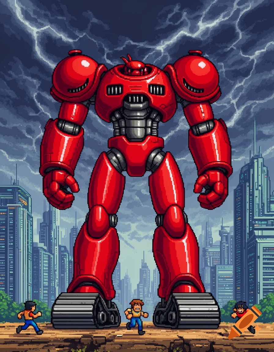 A pixel art image of a colossal red robot with tank treads for feet towering over three small running people in a futuristic city under a stormy sky.
