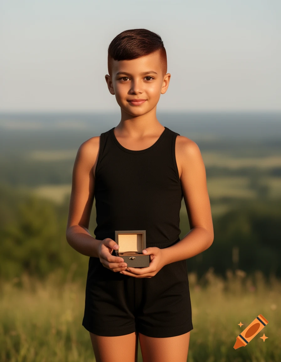 A young child with a short haircut, wearing a black tank top and shorts, stands in a field holding a small open box, looking confident.