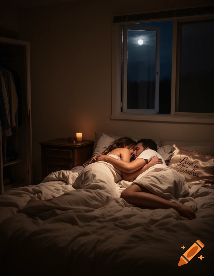 A couple embracing intimately in bed by candlelight and moonlight at night.