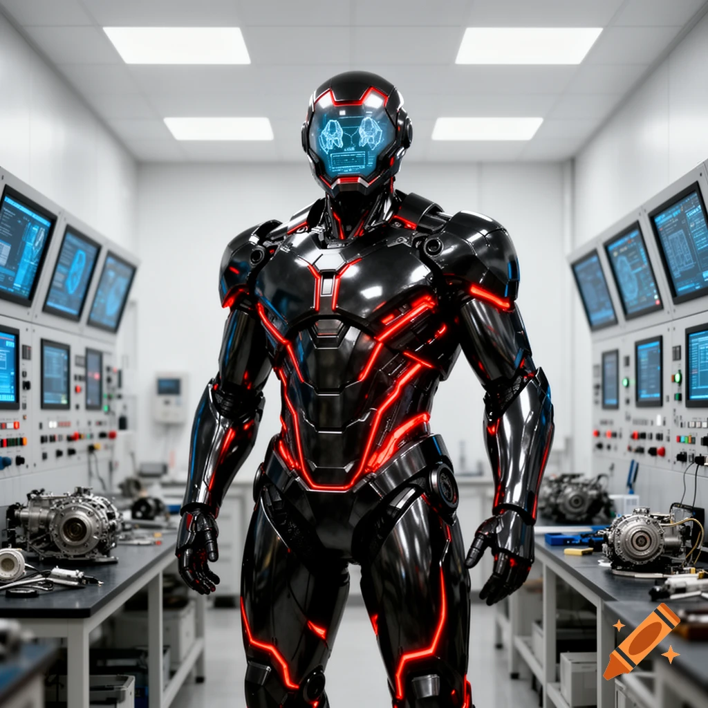 A sleek black and red armored robot stands in a well-lit futuristic laboratory lined with glowing computer screens.