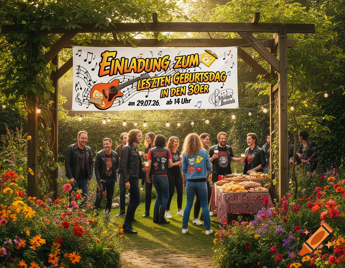A lively rock-themed birthday party in a lush garden with people mingling around a food table under a banner.