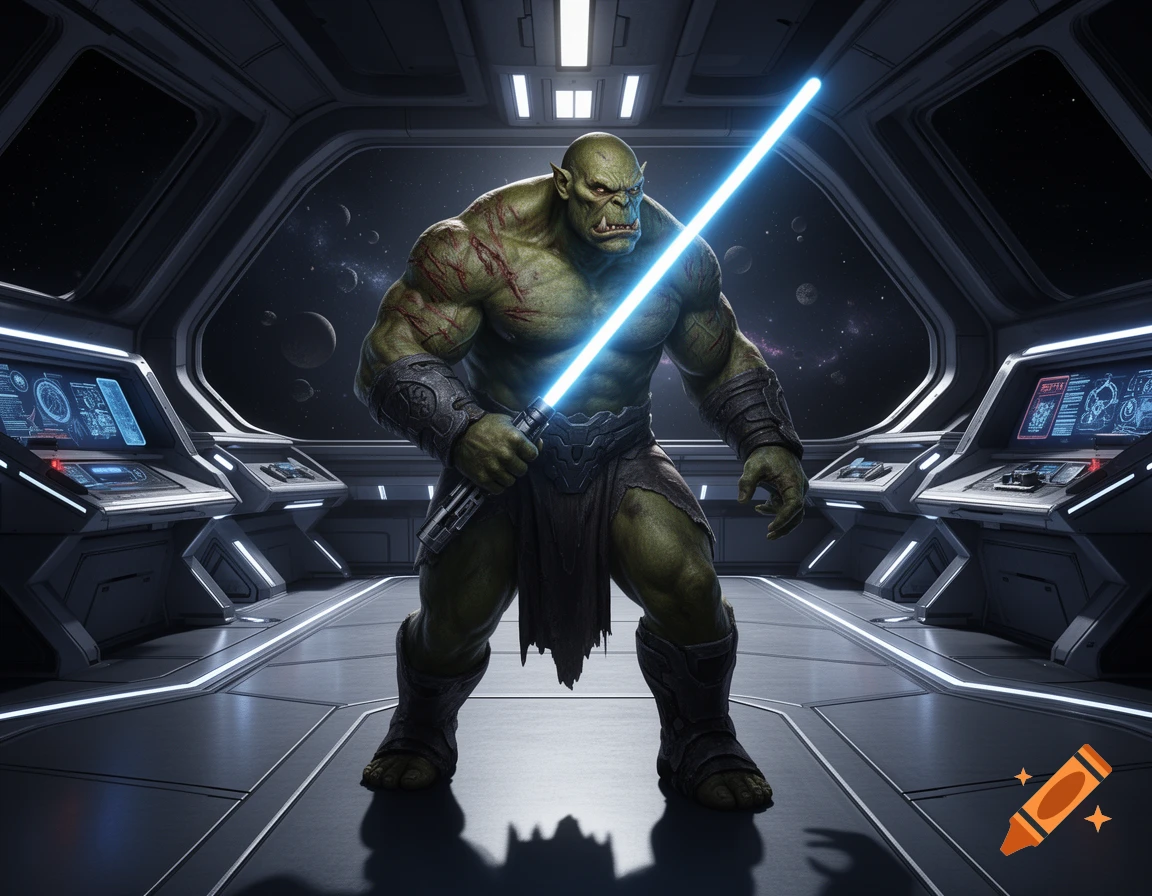 A muscular green orc with scars wields a glowing blue lightsaber inside a futuristic spaceship bridge with planets visible through a window.