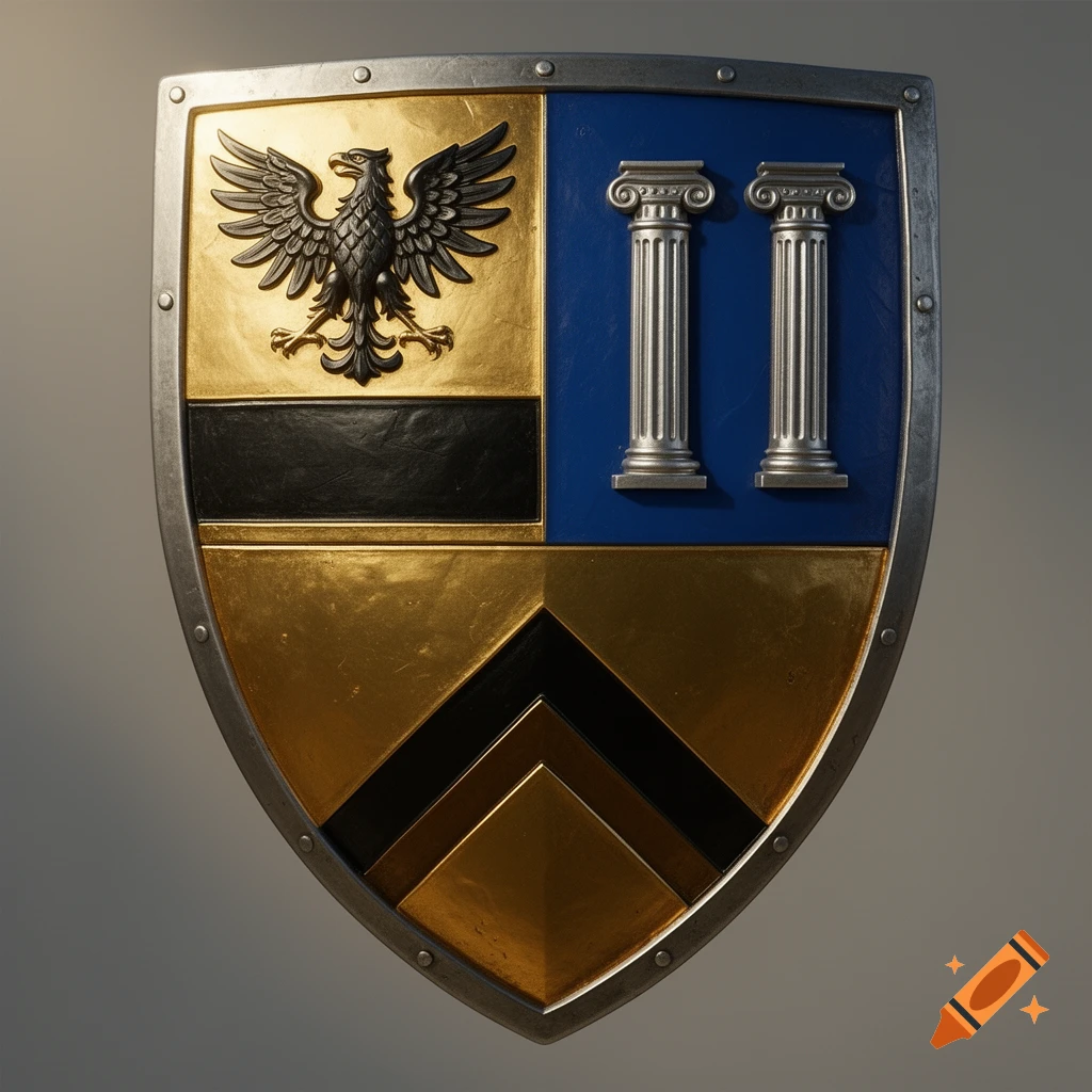 A quartered shield in gold, blue, and black, featuring an eagle, two Greek columns, and chevrons.