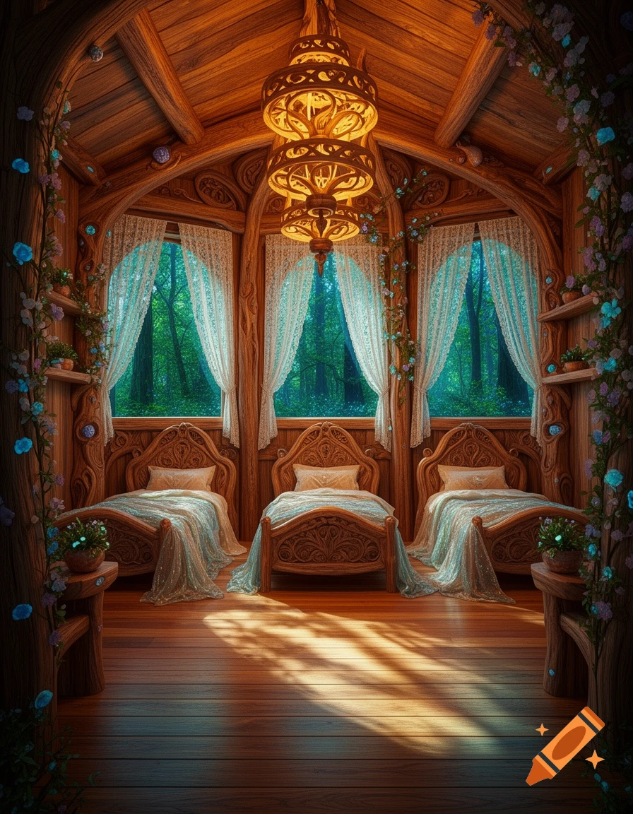 A whimsical fantasy bedroom made of carved wood, featuring three ornate beds, lace curtains, a glowing chandelier, and sunlight on the floor.