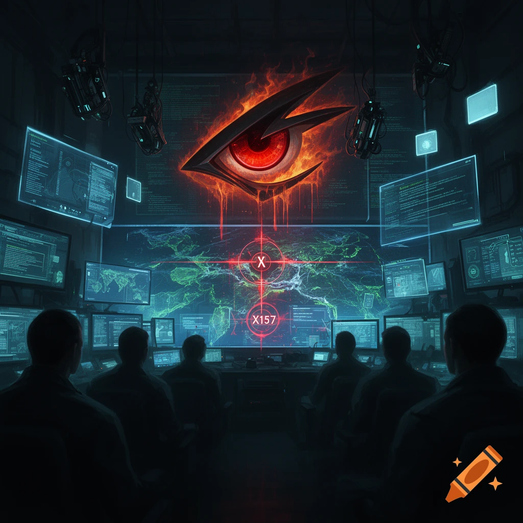 A dark control room with silhouetted figures monitoring a large map screen showing target X157 beneath a huge fiery eye symbol.