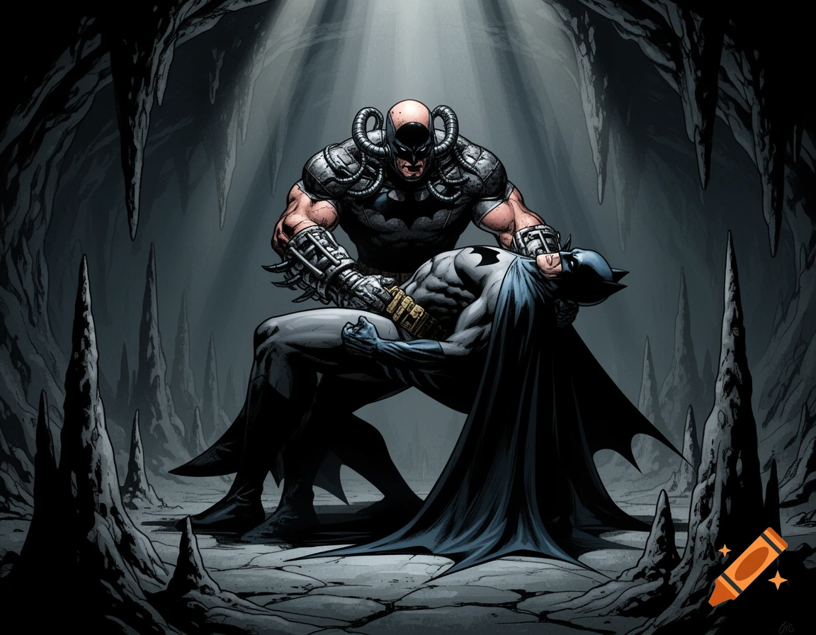 Comic art of Bane holding a defeated Batman in a dark, stalagmite-filled Batcave.