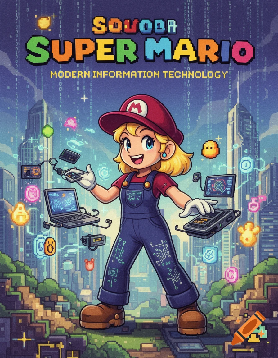 Vintage video game cover art with a blonde female in a Super Mario-like outfit, surrounded by tech gadgets and a pixelated city, with text that reads "SUPER MARIO MODERN INFORMATION TECHNOLOGY".