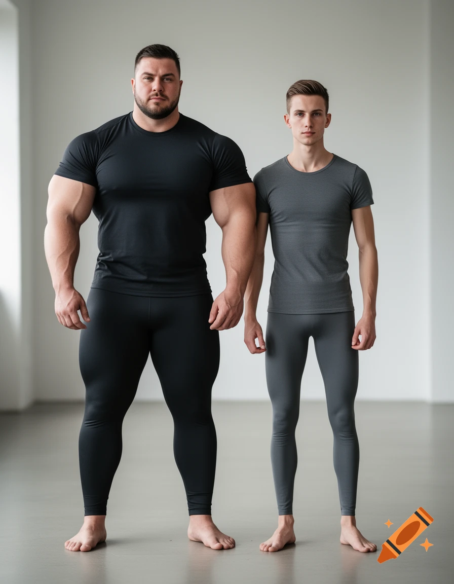 A very muscular man in black leggings and t-shirt stands next to a lean man in gray leggings and t-shirt.